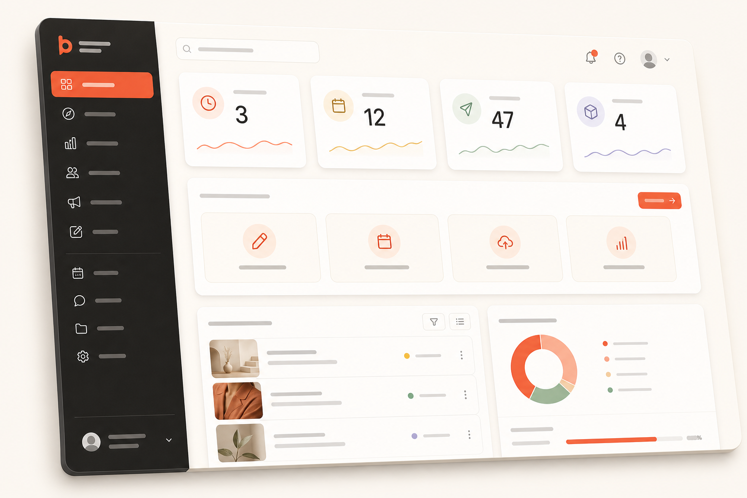 Blare dashboard — stat tiles, quick actions, and content queue at a glance